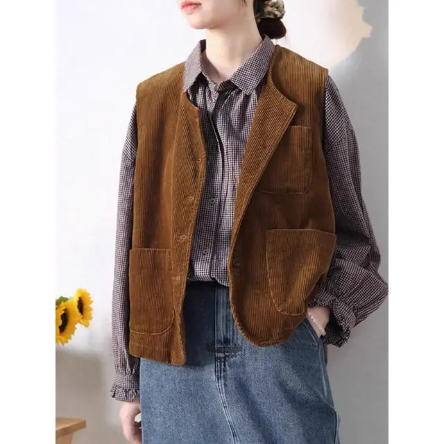 Retro Elegant Corduroy Vest Coat Women Caramel Color - Shop at LoveMi