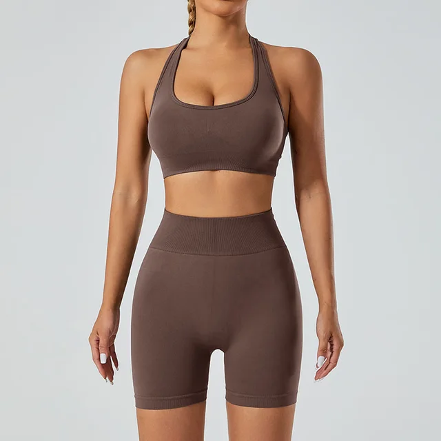 New Seamless High Elastic Yoga Shorts Halter Sports Bra Yoga Clothes Suit Brown - Shop at LoveMi