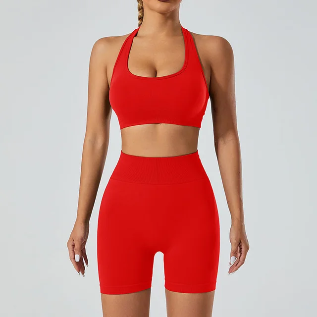 New Seamless High Elastic Yoga Shorts Halter Sports Bra Yoga Clothes Suit Red - Shop at LoveMi