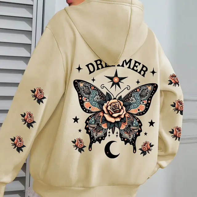 Letter Print Hoodie Casual Drawstring Apricot - Shop at LoveMi