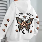 Letter Print Hoodie Casual Drawstring - White