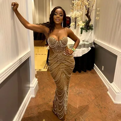 Sling Hot Drilling Foam Beads Evening Dress Brown - Shop at LoveMi