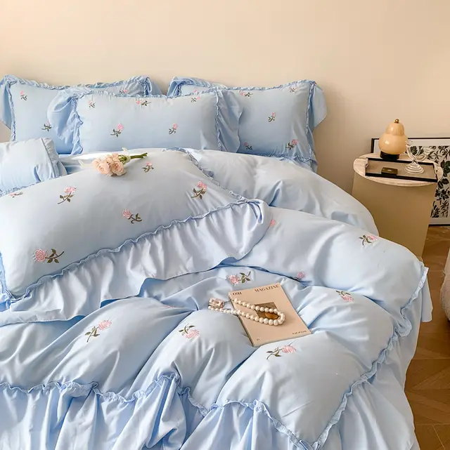 Embroidered Wide Edge Floral Duvet Cover Fitted Sheet Partysu - Shop at LoveMi