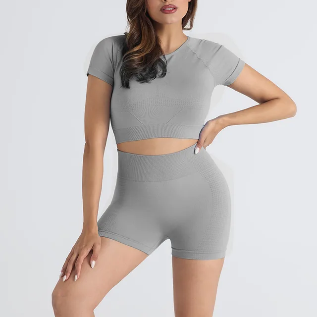 Thread Outdoor Sports Fitness Clothes High Elastic Suit Gray Suit Short Sleeve Shorts - Shop at LoveMi