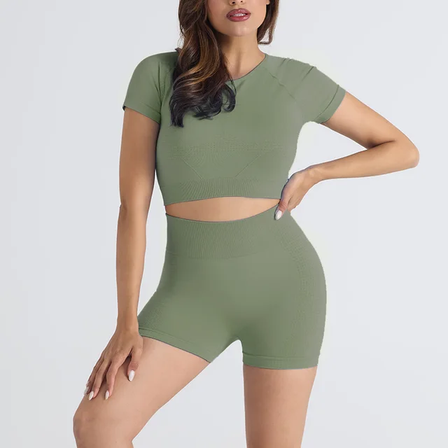 Thread Outdoor Sports Fitness Clothes High Elastic Suit Greenshort Sleeves And Shorts - Shop at LoveMi