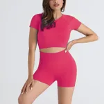 Thread Outdoor Sports Fitness Clothes High Elastic Suit - Raspberry Short Sleeve Shorts - View 1