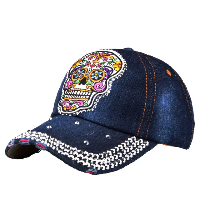 Skull Embroidery Applique Diamond Baseball Cap Korean Style Denim No 5 Color - Shop at LoveMi