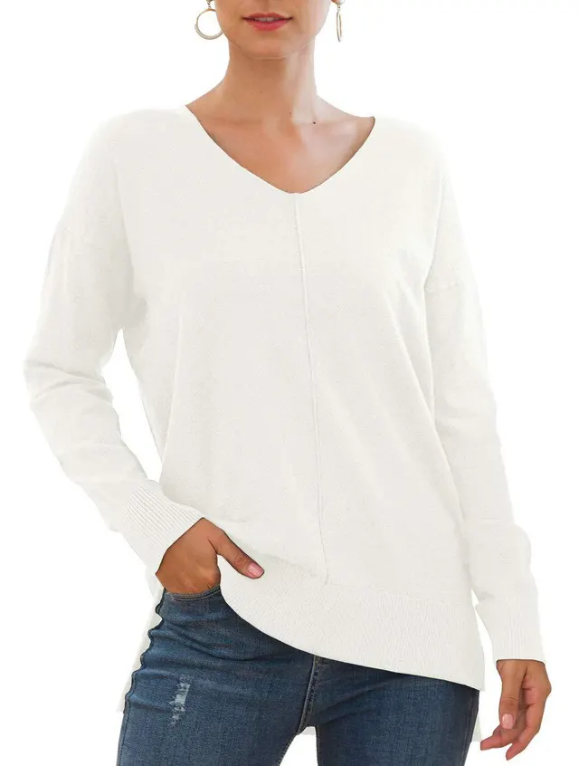 V neck Batwing Sleeve Knitted Sweater White - Shop at LoveMi