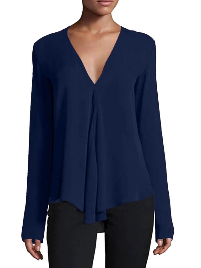 Ankle length Sleeve V neck Pullover Home Top Navy Blue - Shop at LoveMi