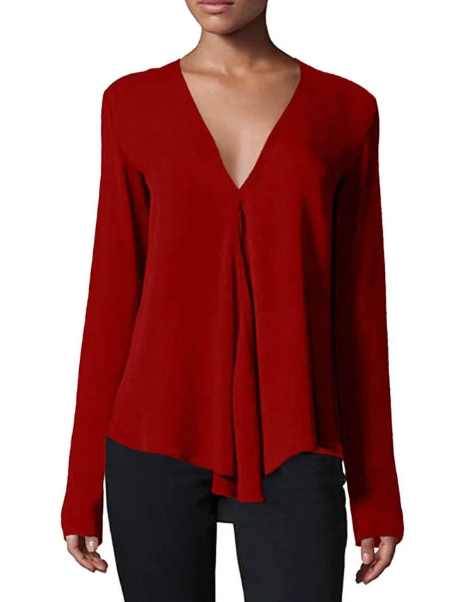 Ankle length Sleeve V neck Pullover Home Top Wine Red - Shop at LoveMi