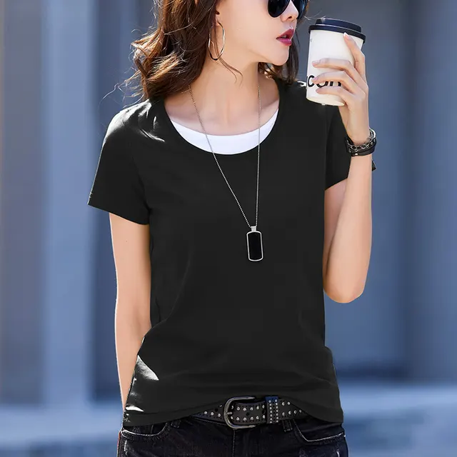 Fake Two piece Top Women's Round Neck Short Sleeve T shirt Women Black - Shop at LoveMi