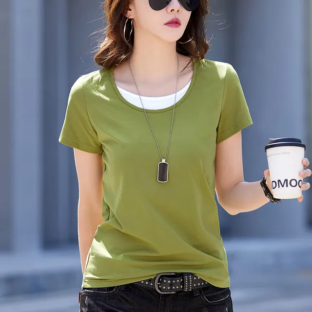 Fake Two piece Top Women's Round Neck Short Sleeve T shirt Women Green - Shop at LoveMi