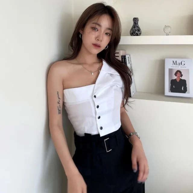 Summer Fashionable Irregular Off shoulder Design Tube Top Single breasted Shirt For Women Bright Moon White - Shop at LoveMi