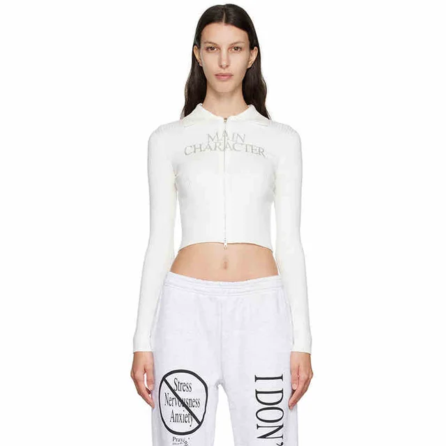White With Printed Pattern Knitted Double Zipper Jacket White - Shop at LoveMi