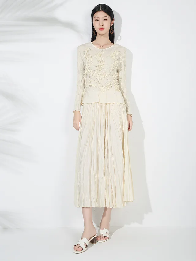 Solid Color Embroidered Long sleeved Top Handmade Pleated Two piece Overskirt Suit Beige Suit - Shop at LoveMi