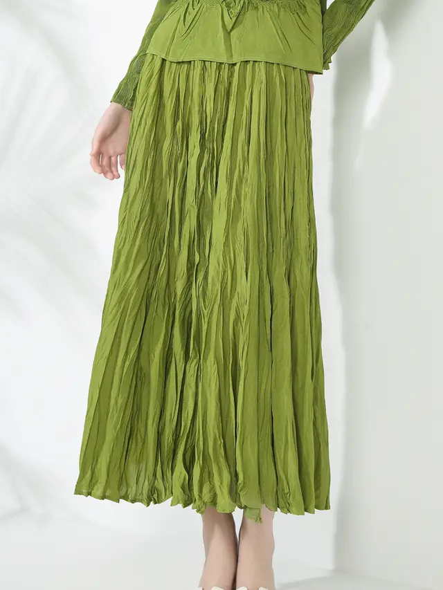 Solid Color Embroidered Long sleeved Top Handmade Pleated Two piece Overskirt Suit Green Skirt - Shop at LoveMi