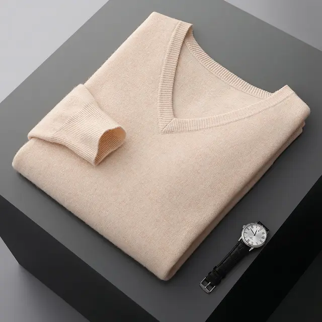 Men's V neck Loose Business Oversized Knit Sweater Beige - Shop at LoveMi