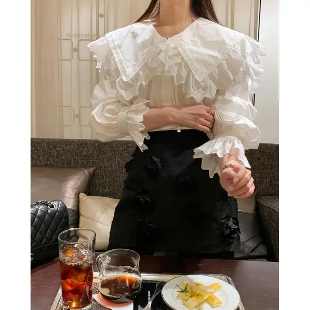 Doll Collar Lace Puff Sleeve Loose All matching Shirt Blue - Shop at LoveMi