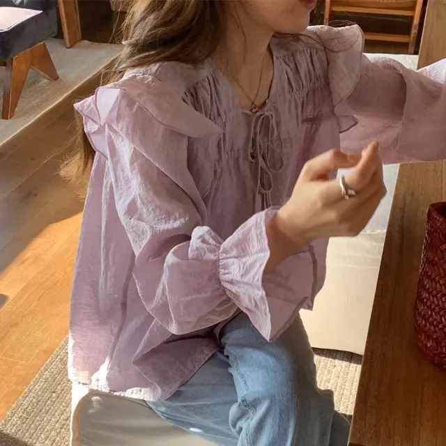 Design Sense Bell Sleeve Ruffled Tied Taro Purple Shirt Purple - Shop at LoveMi