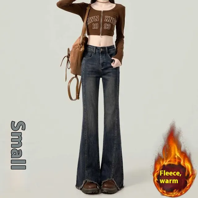 Retro American Slightly Flared Women's Jeans Dark Blue 2 Thin Velvet - Shop at LoveMi