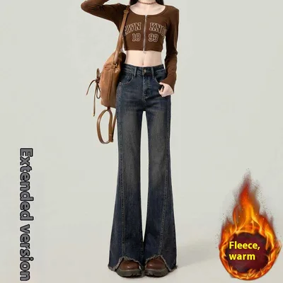 Retro American Slightly Flared Women's Jeans Dark Blue 3 Thin Velvet - Shop at LoveMi