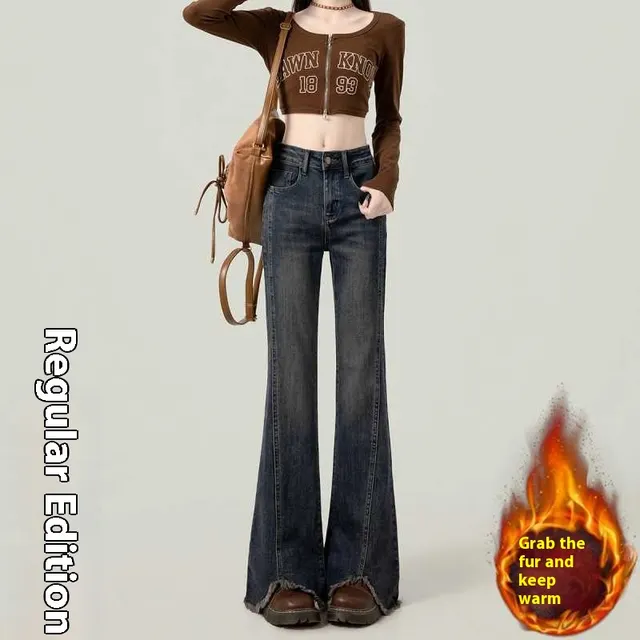 Retro American Slightly Flared Women's Jeans Dark Blue Thin Velvet - Shop at LoveMi