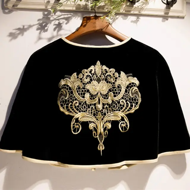 Gold Velvet Shawl Retro Lace Embroidery Black - Shop at LoveMi