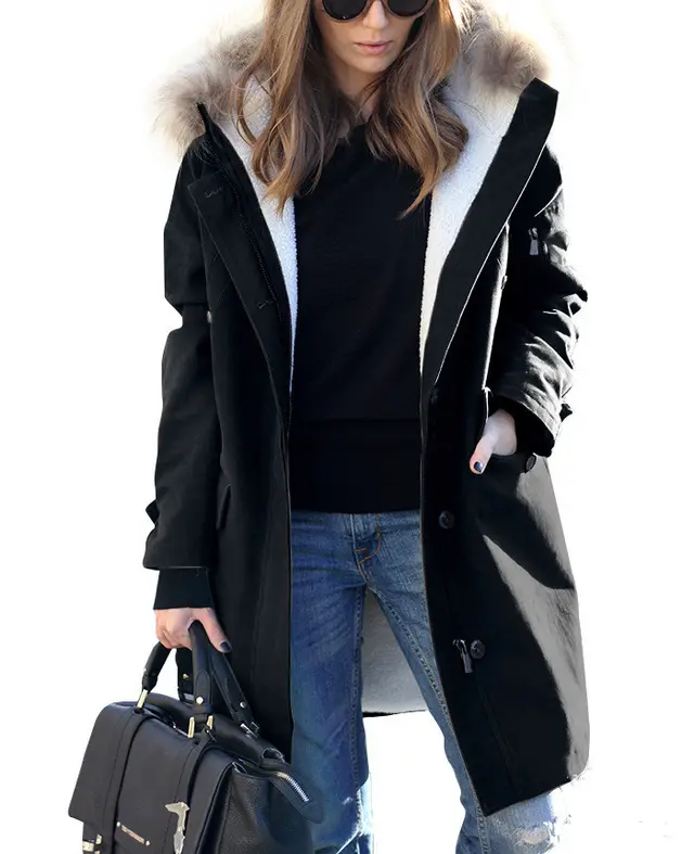 Women's Loose Extended Fur Collar Hooded Overcoat Black - Shop at LoveMi