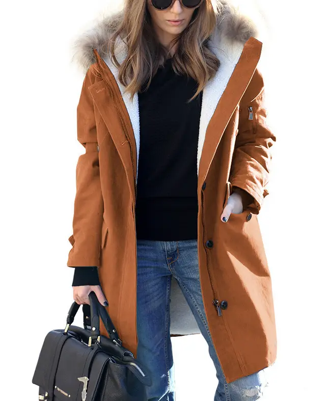 Women's Loose Extended Fur Collar Hooded Overcoat Caramel Color - Shop at LoveMi