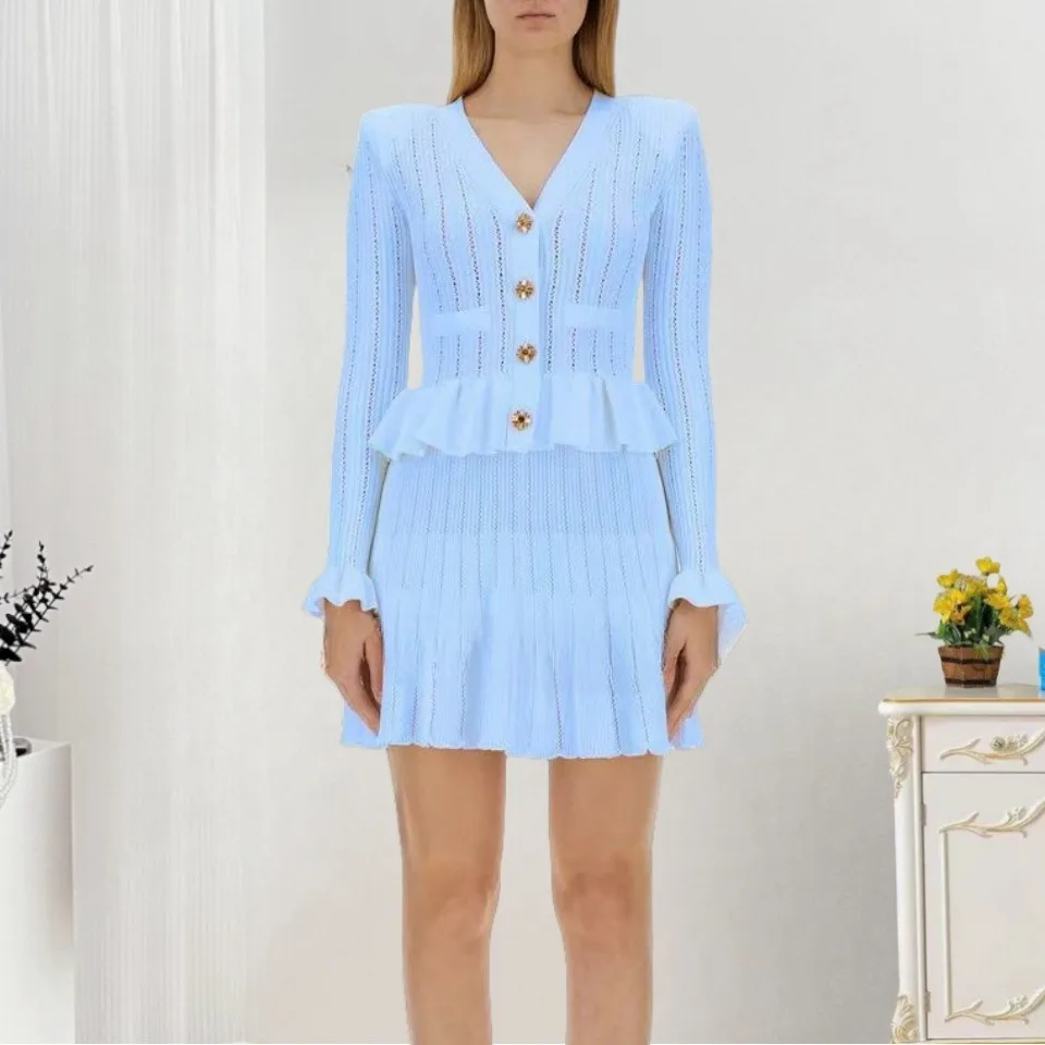 Niche Temperament V-neck Hollow Waist Trimming Knitted Midi Dress - Blue