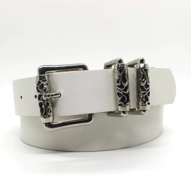 New Style Silver Alloy Carved Roller Hollow Crook Pin Buckle Belt White - Shop at LoveMi
