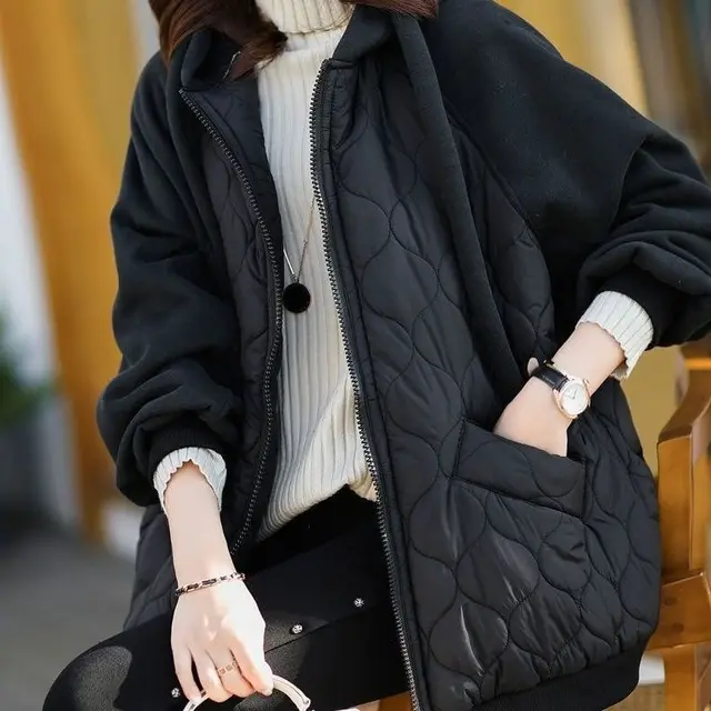 Hooded Stitching Down Thick Coat Cotton padded Jacket Black - Shop at LoveMi