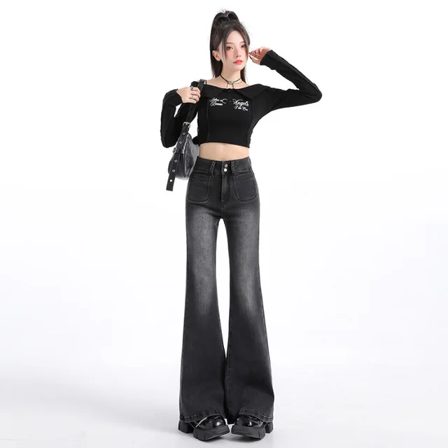 Small Loose American Style Leg free Flared Pants Cropped Black And Gray 9055 - Shop at LoveMi