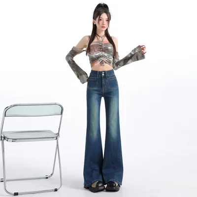 Small Loose American Style Leg free Flared Pants Lengthened Retro Blue 9055 - Shop at LoveMi