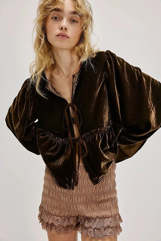 Women's Velvet Sweet Lace up Shirt Brown - Shop at LoveMi