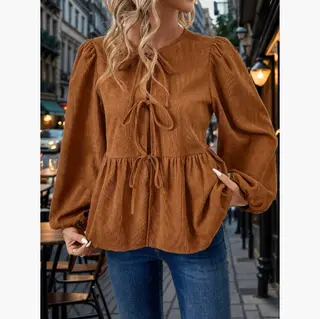 Women's Velvet Sweet Lace-up Shirt - Khaki