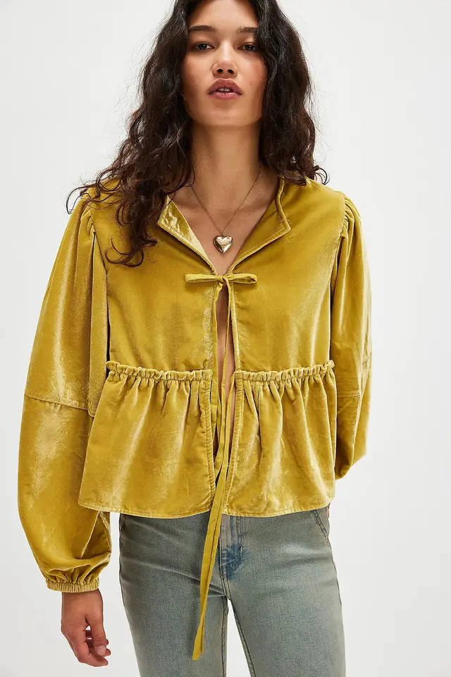 Women's Velvet Sweet Lace up Shirt Yellow - Shop at LoveMi