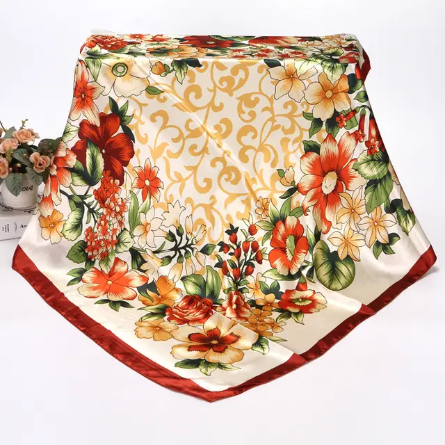 Spring And Autumn Women's Printed 90 Large Kerchief Artificial Silk Floral Scarf No 24 Wine Red Edge - Shop at LoveMi