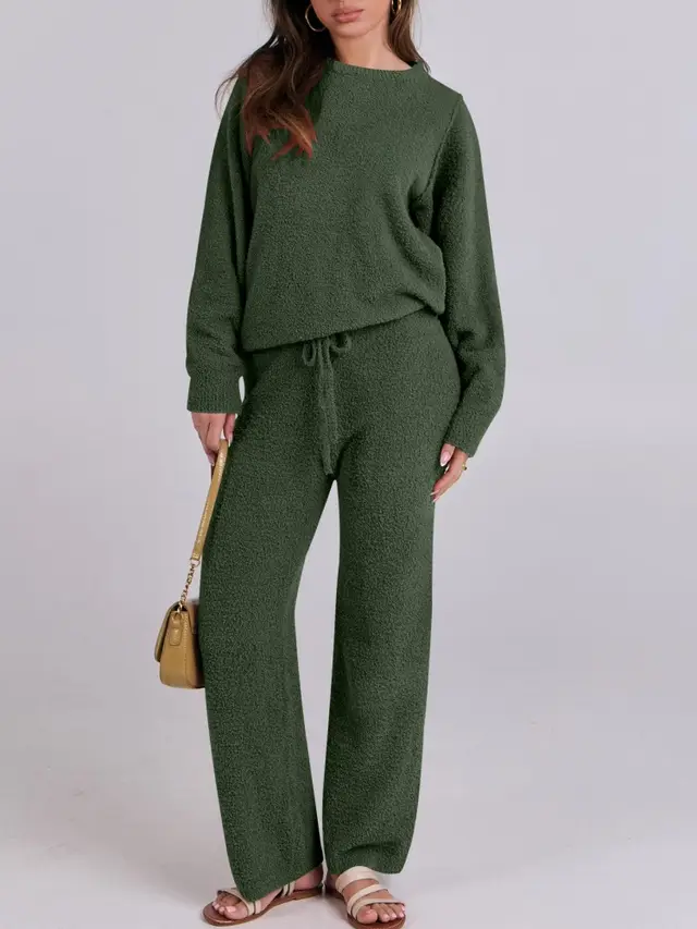 Solid Color Women's Round Neck Long Sleeve Trousers Warm Suit Army Green - Shop at LoveMi