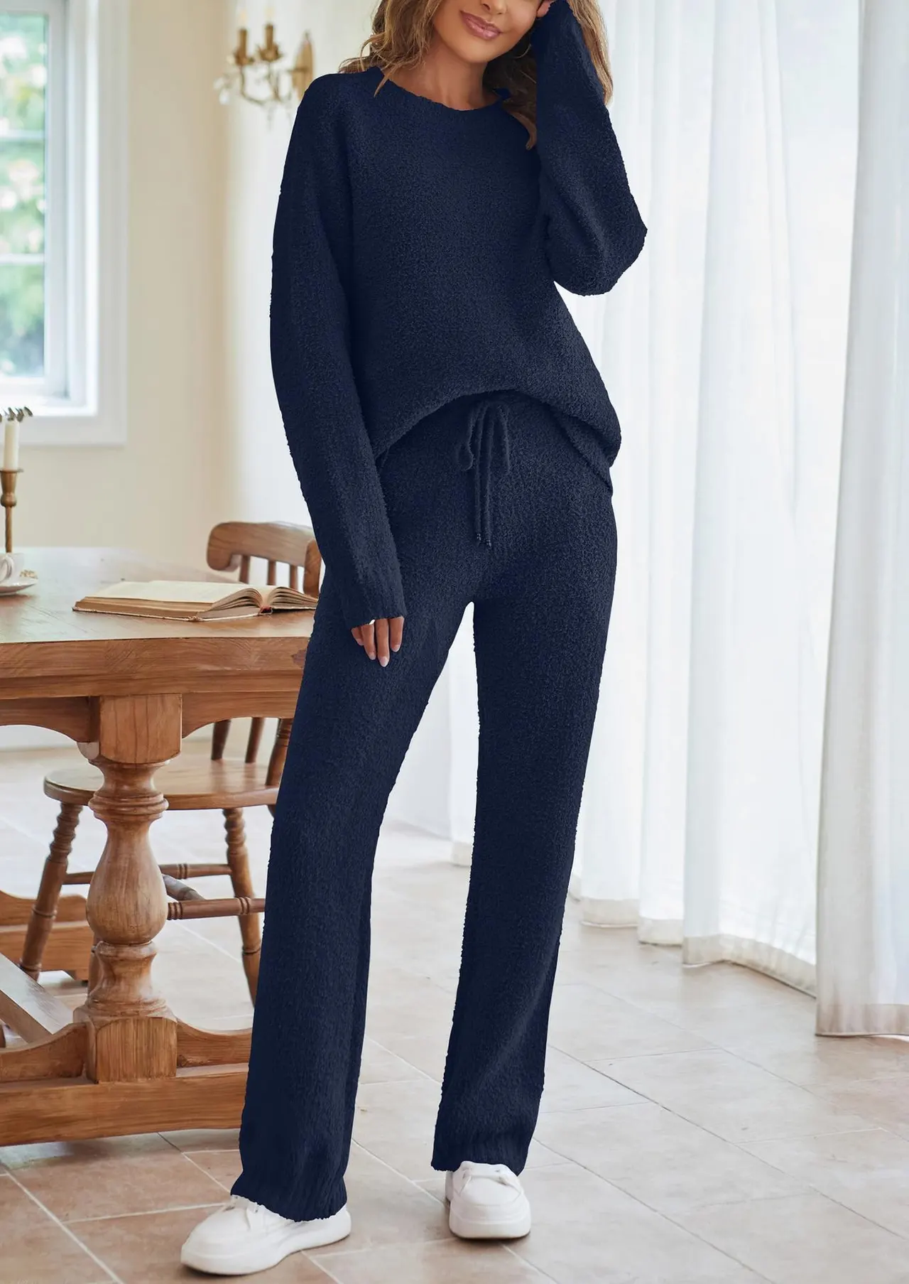 Solid Color Women's Round Neck Long Sleeve Trousers Warm Suit - Dark Blue