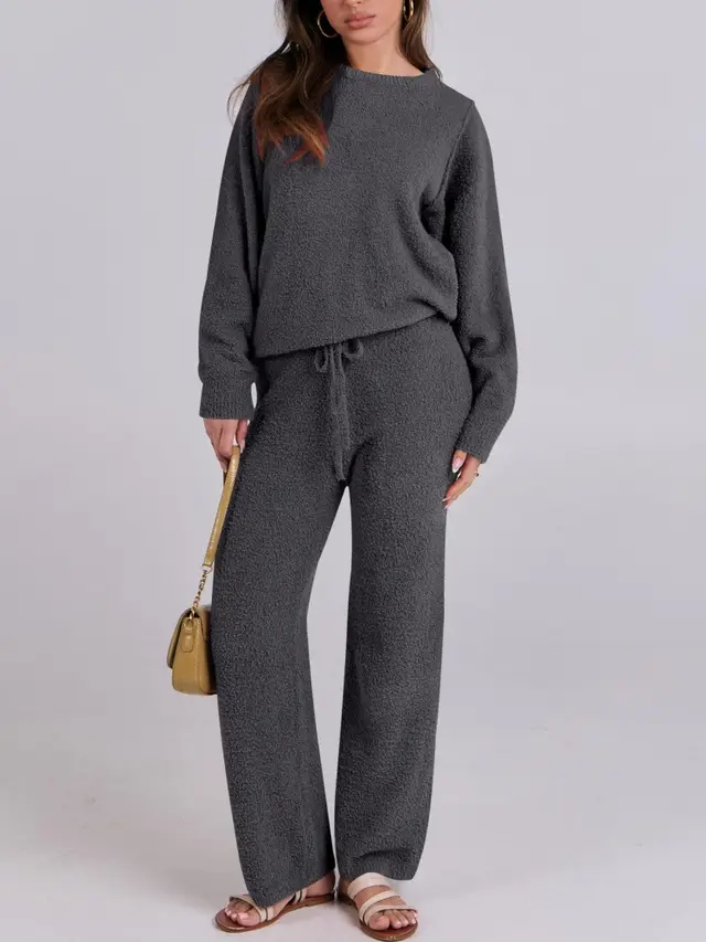 Solid Color Women's Round Neck Long Sleeve Trousers Warm Suit Dark Gray - Shop at LoveMi