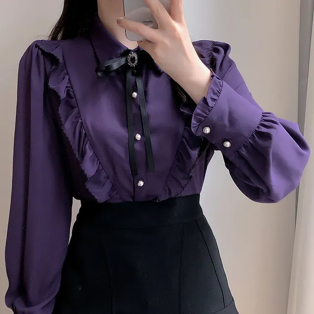 Preppy Style Pearl Buckle Bow Ruffled Collar Shirt Dark Purple - Shop at LoveMi