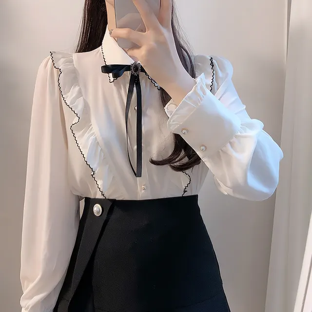 Preppy Style Pearl Buckle Bow Ruffled Collar Shirt Ivory White - Shop at LoveMi