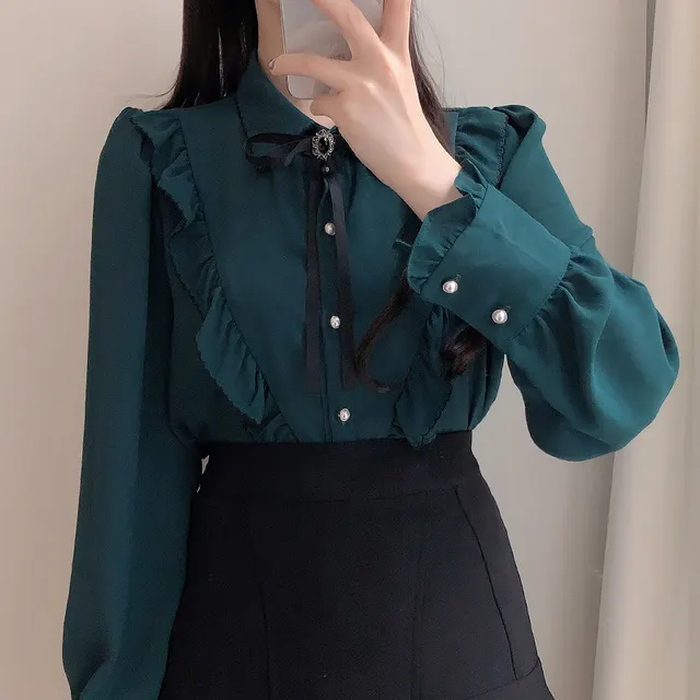 Preppy Style Pearl Buckle Bow Ruffled Collar Shirt Peacock Green - Shop at LoveMi