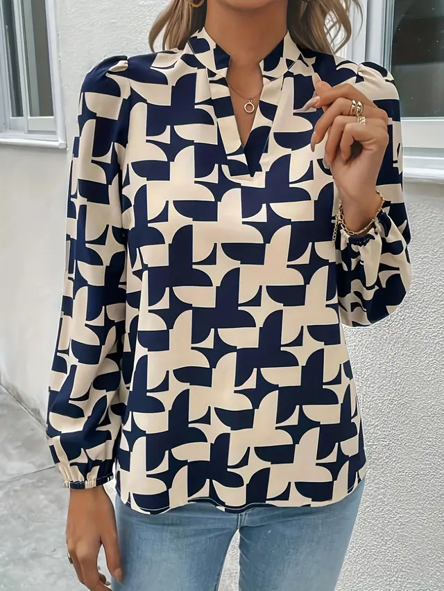 Women's Clothing Commuting Fashion V neck Printed Pullover Navy Blue - Shop at LoveMi