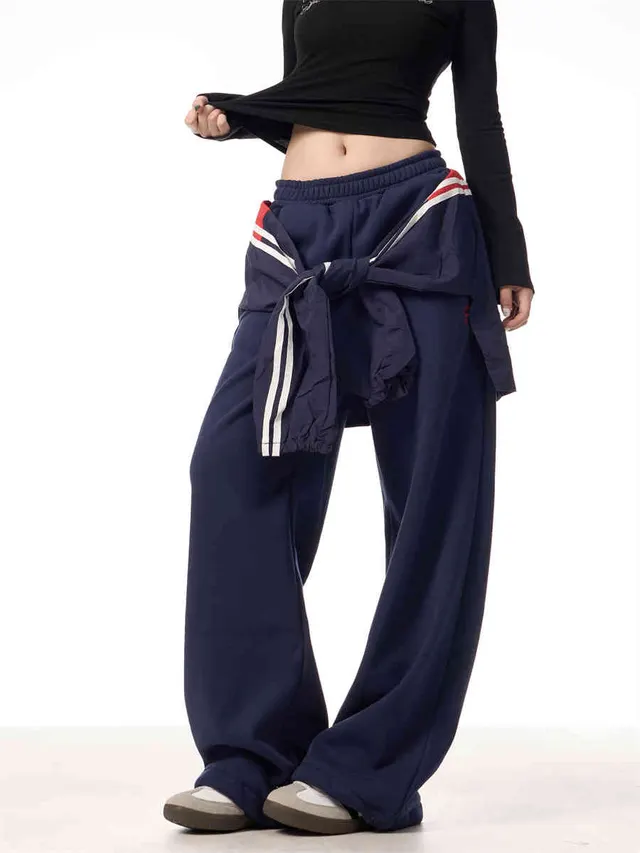 Strap Design Fleece lined Track Sweatpants Dark Blue - Shop at LoveMi