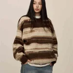 Retro Hip Hop Black And White Striped Sweater For Women - Brown
