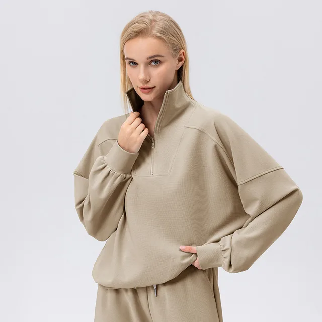 Women's Half Zipper Workout Long Sleeve Loose Outdoor Casual Running Sports Sweatshirt Light Camel - Shop at LoveMi