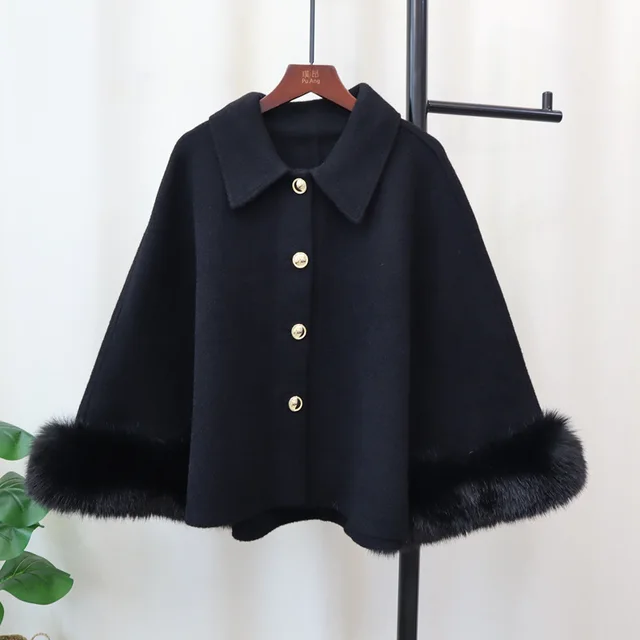 Women's Autumn And Winter New Classic Style Knitted Cloak Coat Shawl Black - Shop at LoveMi