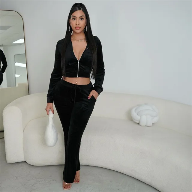 Women's Fashion High Waist Velvet Body hugging Suit Black - Shop at LoveMi